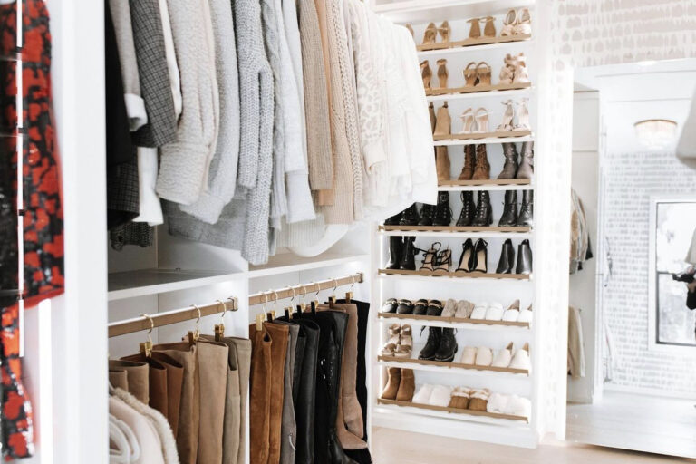 Functional closet layout with strategically planned storage solutions, showcasing a blend of hanging, shelving, and drawer space tailored for optimal organization.