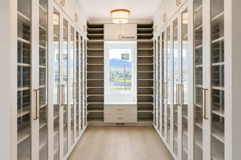 Long, bright walk-in closet with white built-in wardrobes, glass doors, and gold handles along both walls; light wood floor and ceiling lights.