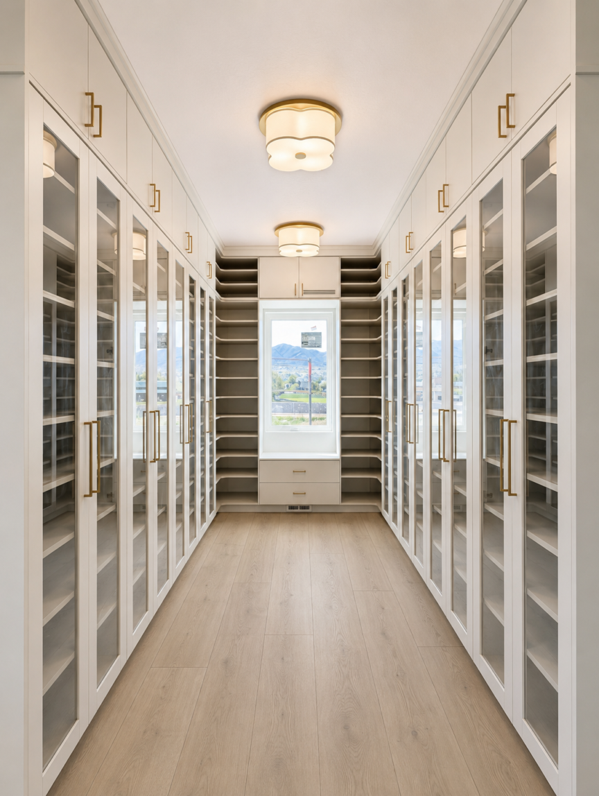 Long, bright walk-in closet with white built-in wardrobes, glass doors, and gold handles along both walls; light wood floor and ceiling lights.