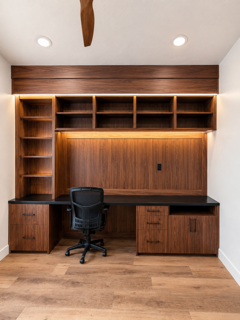 Wood built-in desk setup with open cubbies and cabinets in a home office, a black countertop and a black ergonomic chair in front of it.