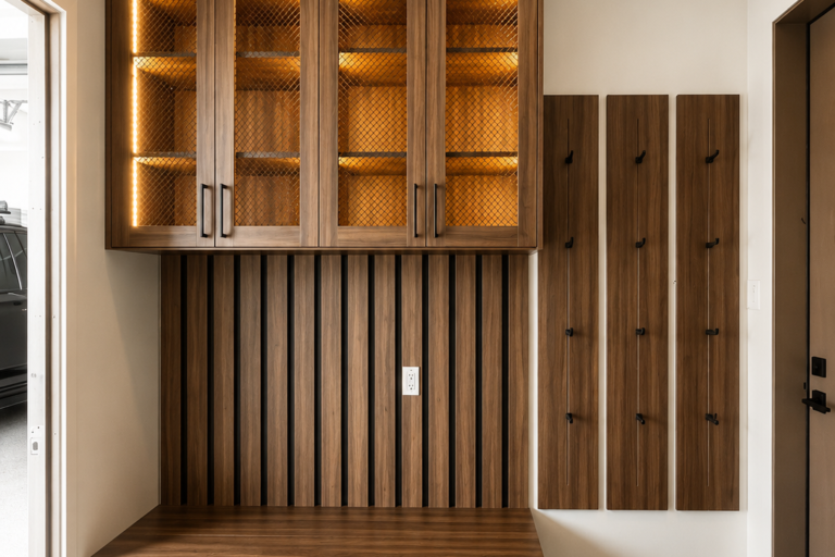 Wood-toned entryway with upper cabinets and glass-front doors, a slatted wall behind a bench, and vertical coat-hook panels beside the door.
