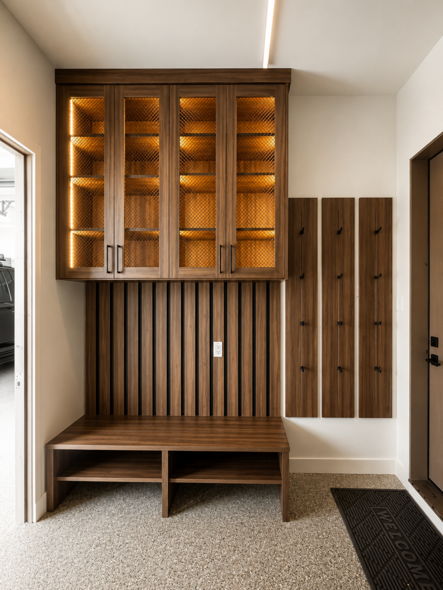 Wood-toned entryway with upper cabinets and glass-front doors, a slatted wall behind a bench, and vertical coat-hook panels beside the door.