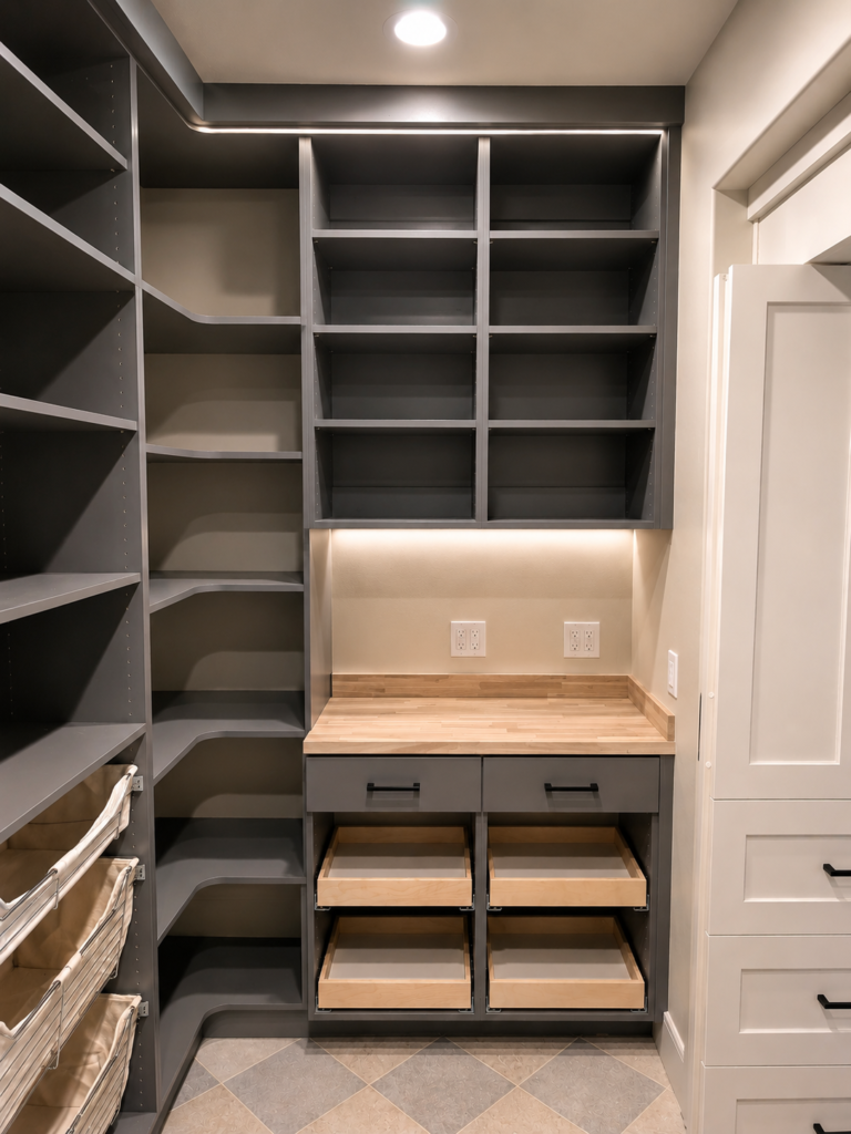 Gray built-in pantry with tall left shelves, central open cubbies, a wood countertop, and pull-out drawers beneath under-cabinet lighting