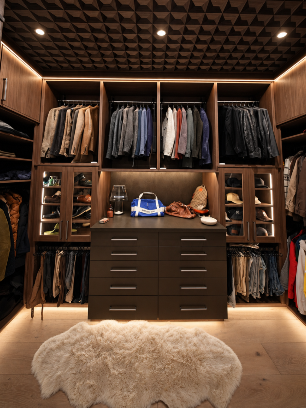 Walk-in closet with wooden wardrobes, jackets on racks, shelves, and a central dresser; a fluffy cream rug on the floor.