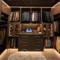 Walk-in closet with wooden wardrobes, jackets on racks, shelves, and a central dresser; a fluffy cream rug on the floor.