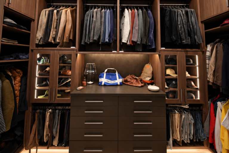 Untitled design 15 Walk-in closet with wooden wardrobes, jackets on racks, shelves, and a central dresser; a fluffy cream rug on the floor.