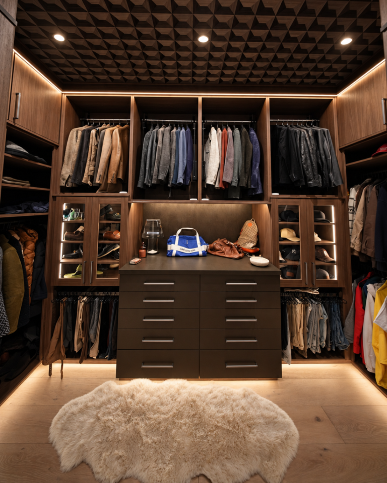 Walk-in closet with wooden wardrobes, jackets on racks, shelves, and a central dresser; a fluffy cream rug on the floor.